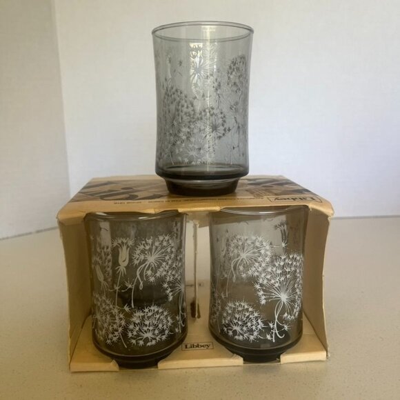 Mid Century Libbey Dandelion Design Juice Glasses Set Of 4 Vintage New in Box - Picture 1 of 5